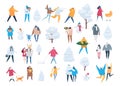 People in winter vector cartoon family characters and kids walk in wintertime. Illustration set of men, women carry xmas