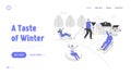 People Wintertime Outdoors Activity Website Landing Page. Happy Adults and Children Sledding on Tubing and Sleds