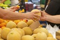 People woman man buying fresh organic melon at street market. Selling fruits in plastic bag, pay money Royalty Free Stock Photo