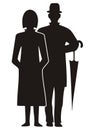 Pair woman and man with umbrella black silhouette eps.