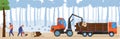 People woodworking vector illustration, cartoon flat woodworker lumberjack characters working with chainsaw, cutting