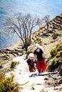 People on work: Carrying good on back and climbing steep stone stairs