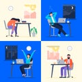 People work at day and night. Women and men are working in different time. Working at home, telework, freelance. Vector Royalty Free Stock Photo