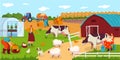 People work on farm, animals cartoon characters, woman milking cow, field harvest vector illustration Royalty Free Stock Photo