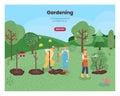 People work on a farm planting fruit tree. Farmer, agriculture field, harvest crop. Concept illustration. Vector web Royalty Free Stock Photo