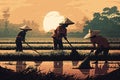 People work farm rice fields in Asia, illustration generated by AI
