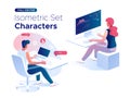 People work and interacting with graphs and devices. Data analysis and office situations. 3D Isometric vector illustration set.