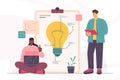 People work with light bulb diagram of innovation project, managers research charts