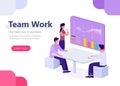 People work in office in a team with graphs. Management, business, workflow situations. Concept for infographics, web banner, land