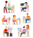 People work place vector business worker or person working on laptop at the table in office illustration set of woman or Royalty Free Stock Photo