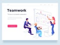 People work in a team and interact with graphs. Business, workflow management and office situations. Landing page