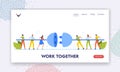 People Work Together Landing Page Template. Tiny Characters Connecting Huge Plug. Men and Women Connecting Power Socket