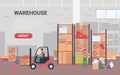 People work in warehouse vector illustration, cartoon flat banner for warehousing company with workers characters