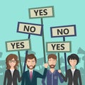 People workers holding yes and no signs for voting. Concept for protests, demonstrations and voting. Flat vector