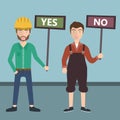 People workers holding yes and no signs for voting. Concept for protests, demonstrations and voting. Flat vector