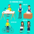 People working in the co-working space infographics elements. Royalty Free Stock Photo
