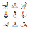 People working on computer flat icons
