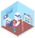 People working with equipment and shelving with paints. Office technique vector illustration