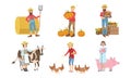 People Working on Farm and Garden Set, Male and Female Farmers Characters Harvesting, Feeding Animals Vector Royalty Free Stock Photo