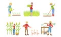 People Working on Farm and Garden Set, Male and Female Farmers Characters Harvesting, Feeding Poultry, Watering Plants Royalty Free Stock Photo