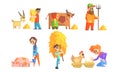 People Working on Farm Set, Cheerful Farmers Caring, Feeding and Milking of Domestic Farm Animals Vector Illustration