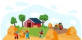 People working on farm, stacking hay bales, vector illustration