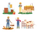 Farmers Working with Animals, Farming People Set Royalty Free Stock Photo