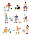People Working in Garden or Farm Set, Girls and Guys Planting Seedlings, Watering Plants, Picking Up Flowers Vector Royalty Free Stock Photo