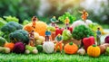 People working in garden harvesting vegetables, miniature figure, agriculture concept,ai generated