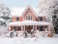 People Working on the Garden of a Pastel Pink House in a Frozen Wonderland