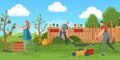 People working at garden. Woman collecting apples from tree into container. Man cutting grass with lawnmower Royalty Free Stock Photo