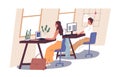 People working in office. Man and woman sitting at desks with laptop and computer. Workplace with modern interior. Daily