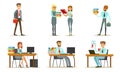 People Working in the Office Set, Male and Female Business Characters Sitting at Desks with Computers and Standing Royalty Free Stock Photo