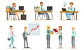 People Working in the Office Set, Male and Female Business Characters Sitting at Desks and Standing, Office Work Royalty Free Stock Photo