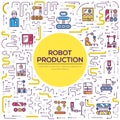 People working on robots assembly line vector outline concept. Robotic production thin line illustration. Banner with