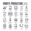 People working on robots assembly line vector outline icons. Robotic production thin line illustration. Banner with