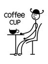 A man in a hat at a cafe table with a cup of coffee. Vector drawing. Royalty Free Stock Photo