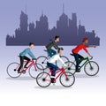 People young riding bycicle city background