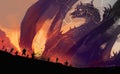 Digital illustration painting design style peoples against a huge dragon with destroyed town