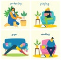 Peoples hobbies variety. Playing guitar, gardening, yoga and reading books vector illustration