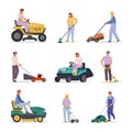 peoples with lawnmowers. simple minimalistic flat male characters with garden lawn mowers, mowing grass in garden