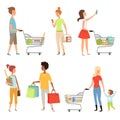 Peoples shopping. Vector illustrations of various characters which make purchases Royalty Free Stock Photo