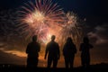 Peoples in silhouette enjoy watching amazing firework show in a festival or holiday Royalty Free Stock Photo