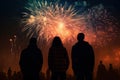 Peoples in silhouette enjoy watching amazing firework show in a festival or holiday Royalty Free Stock Photo