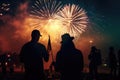 Peoples in silhouette enjoy watching amazing firework show in a festival or holiday Royalty Free Stock Photo