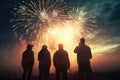 Peoples in silhouette enjoy watching amazing firework show in a festival or holiday Royalty Free Stock Photo