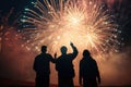 Peoples in silhouette enjoy watching amazing firework show in a festival or holiday Royalty Free Stock Photo