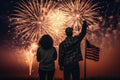 Peoples in silhouette enjoy watching amazing firework show in a festival or holiday Royalty Free Stock Photo
