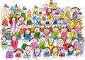 Peoples team group portrait, children drawing object on paper, hand drawn art picture