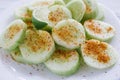 Pepinos con chile, Slices of cucumbers and chili, mexican snack, spicy food in mexico